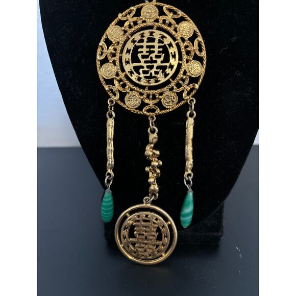 Vintage Gold Tone Green Glass Statement Necklace Goldette? 60's - Picture 4 of 5